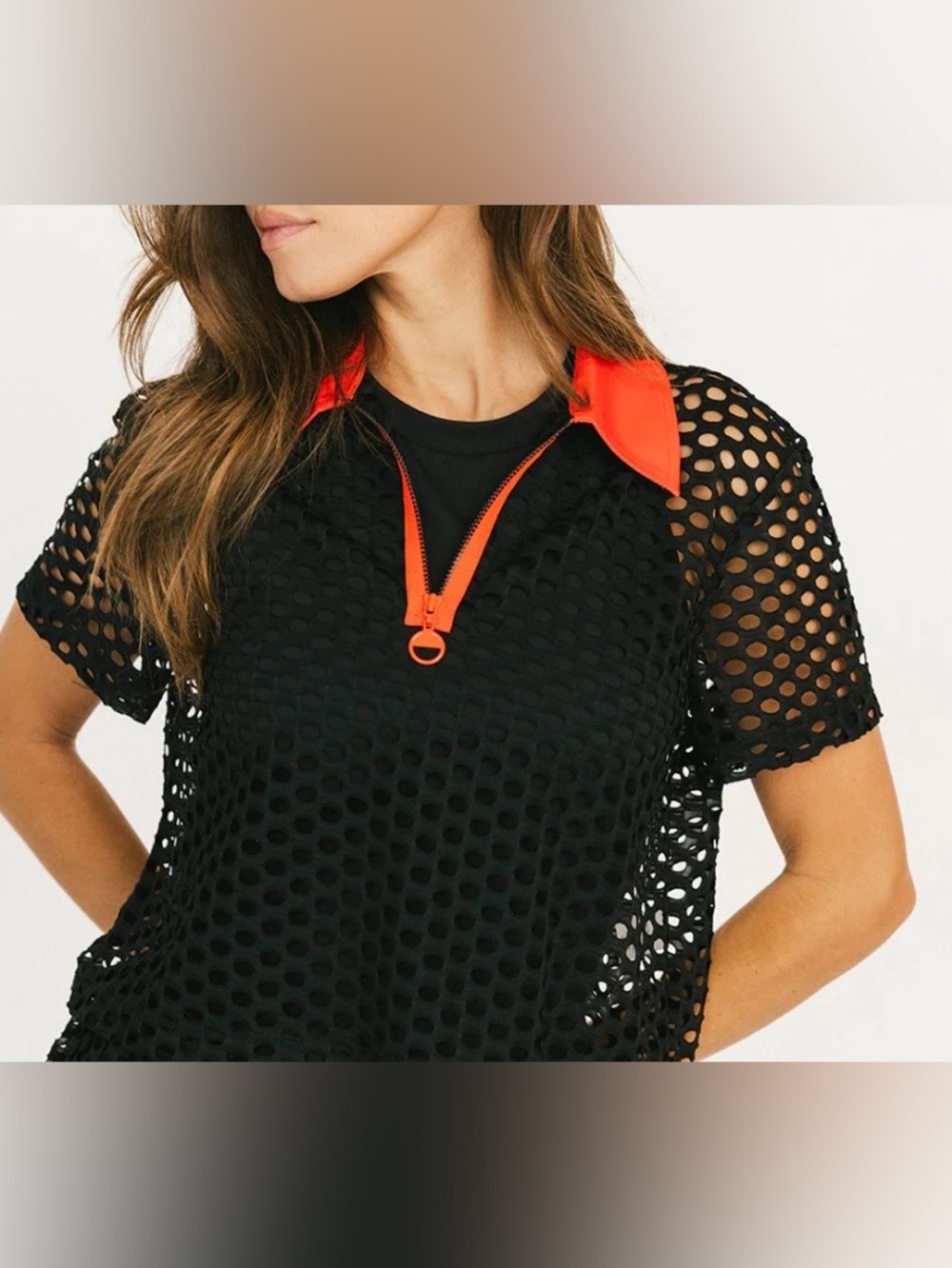FORE ALL Black Mesh Short-Sleeve Tee with Orange Zip Collar SIZE S